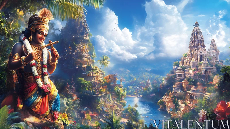 Flute-lit deity smiles over lush river kingdom of temples