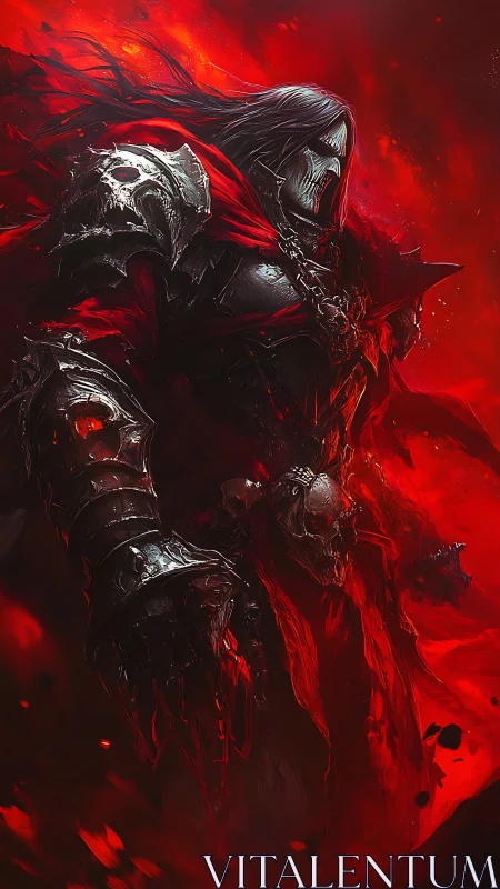 Armored dark figure stands in red abstract environment