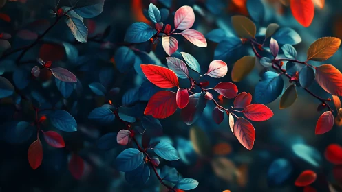 Vibrant red and teal leaves in moody digital foliage study.