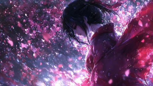 Petalstorm samurai girl drifting through twilight bloom.