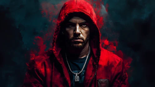 Moody hooded portrait glowing with bold red intensity.