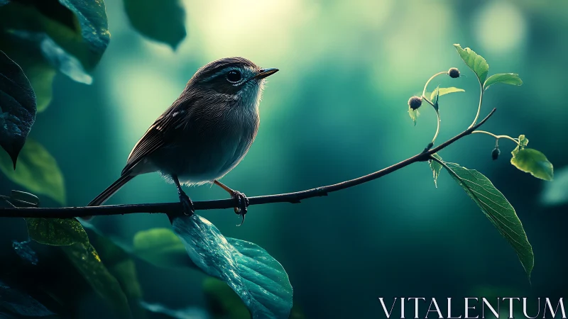 Small songbird on branch in tranquil, dreamy forest lighting.