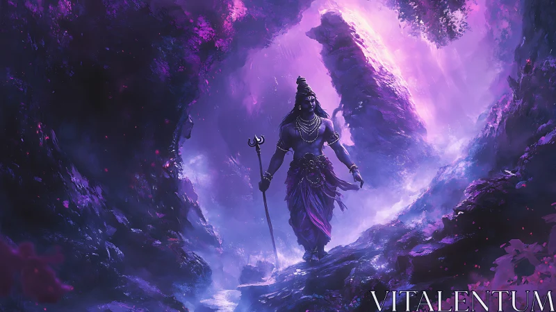 Mythic figure with trident in luminous purple canyon.