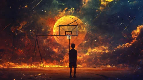 Silhouetted child on court before cosmic basketball moon scene.