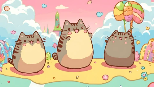 Whimsical Feline Trio Frolics in Dreamland Pastel Paradise