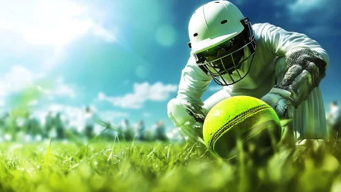 Low-angle dynamic view of cricket player with oversized ball on field