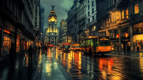 Rain-soaked city avenue with buses and illuminated facades.