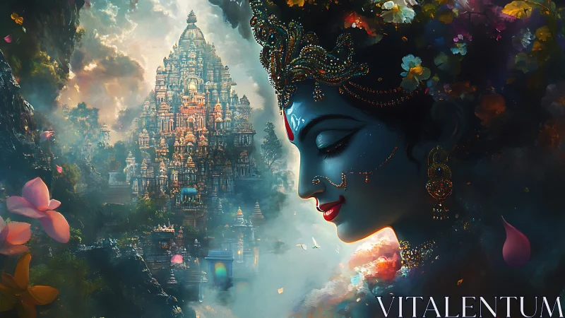 Mythic blue deity portrait with luminous temple complex backdrop.