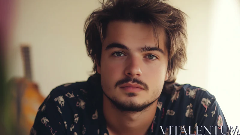 Soft-focus portrait of contemplative young man indoors.