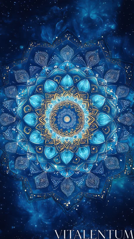 Celestial blue mandala radiates ornate golden symmetry.