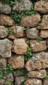 Weathered dry stone wall with mossy joints and creeping ivy