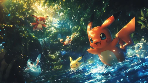 High-saturation forest stream scene with dynamic anime lighting