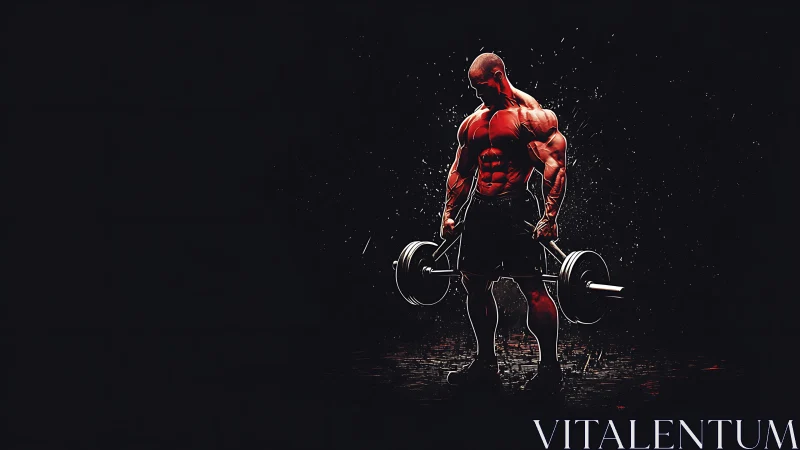 Highly stylized muscular lifter holds loaded barbell in dark void