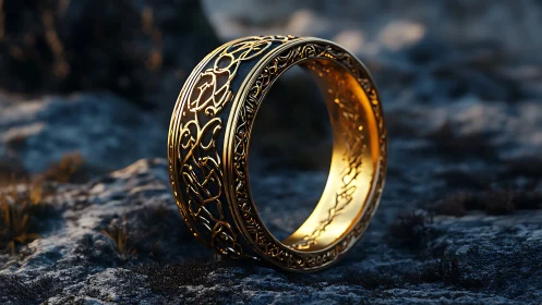 Photorealistic macro of ornate golden ring on stone terrain.