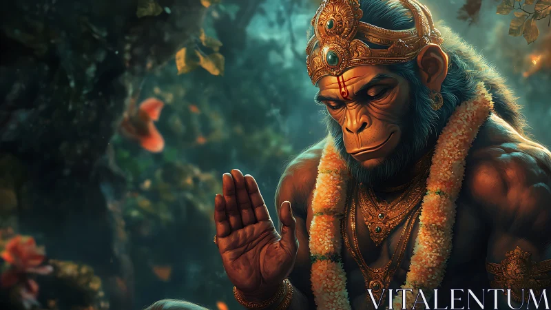Divine monkey warrior offers serene blessing in lush jungle