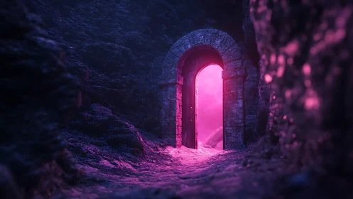 Stone doorway in rocky cavern with saturated pink light portal.