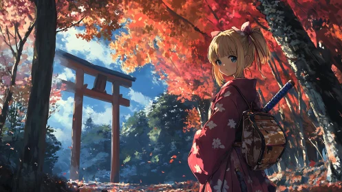 Soft autumn stroll with a thoughtful girl in pink kimono.