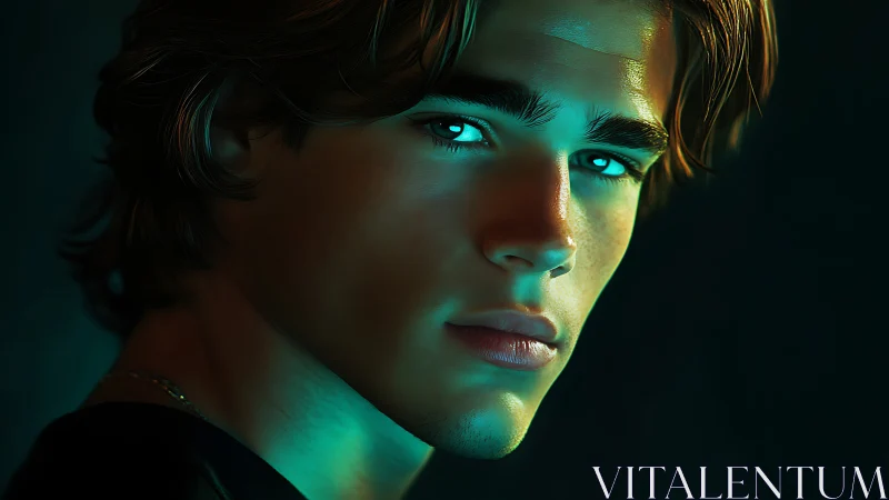 Digital male portrait with teal rim lighting on dark background.
