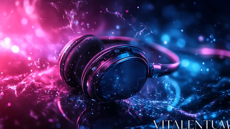 Neon headphones adrift in glowing pink and blue soundwaves.