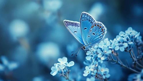 Macro study of a blue butterfly on blossoms in cool bokeh field