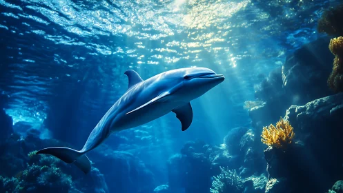 Sunlit dolphin drifts through sapphire cathedral seas.