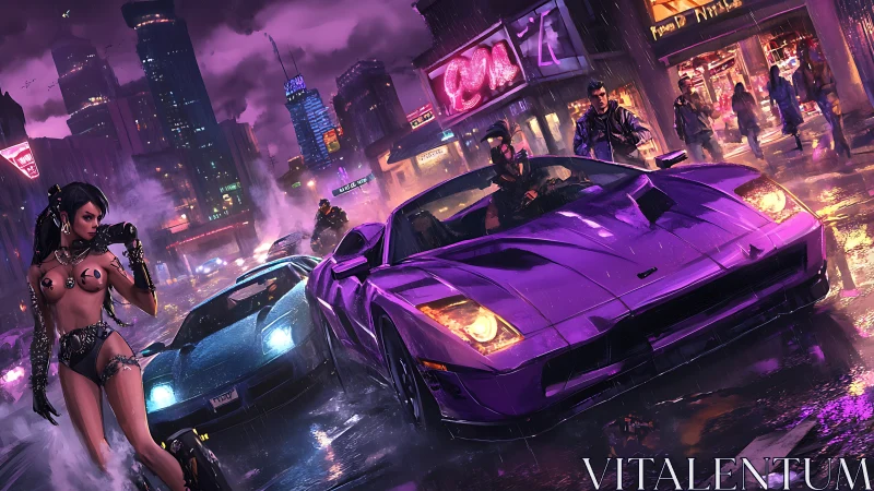 Cyberpunk street with purple supercar and night city chaos.