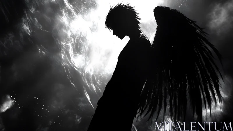 Brooding winged shadow pauses inside a storm of light.