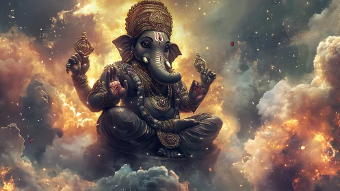 Divine Ganesha floats in radiant cosmic clouds of light