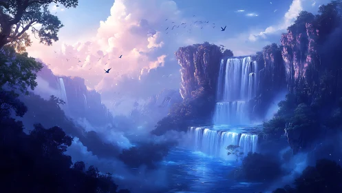 Layered waterfalls in a blue-toned mountainous valley.