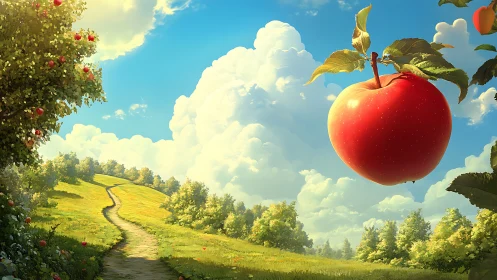 Large red apple floats over a sunlit rural landscape