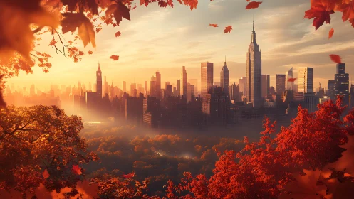 Autumn foliage frames New York skyline at warm sunrise