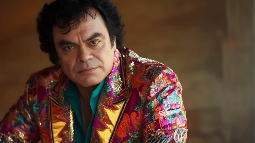 Ornate portrait of man in iridescent embroidered blazer.