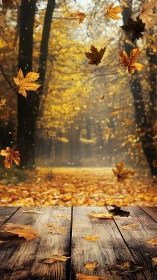 Autumn leaf turbulence over weathered wooden deck plane.