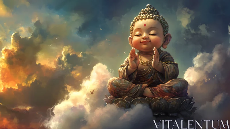 Serene baby Buddha meditating amid luminous storm clouds.