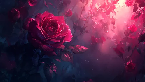 Red Roses in Atmospheric Mist with Dramatic Lighting
