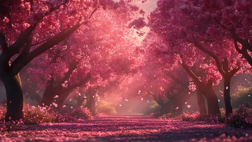 Cherry blossom tree avenue with dense pink canopy in light.
