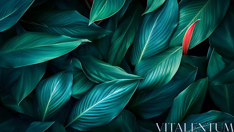 Emerald jungle leaves cradle one bold crimson whisper of color.