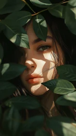 Portrait of young woman framed by dense green leaves.