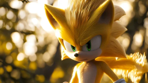 Golden anthropomorphic hedgehog stands in glowing forest light