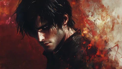 Brooding male portrait against abstract fiery brushwork