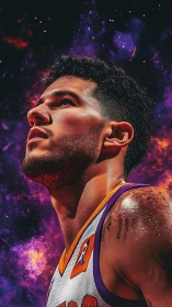 Basketball player portrait glows against cosmic nebula background