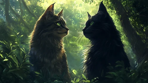 Two Black Cats in Luminous Forest Setting with Glowing Eyes.