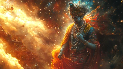 Radiant cosmic deity walks through swirling golden nebula