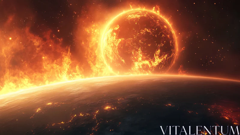 Stellar body rises over planetary horizon with intense flares