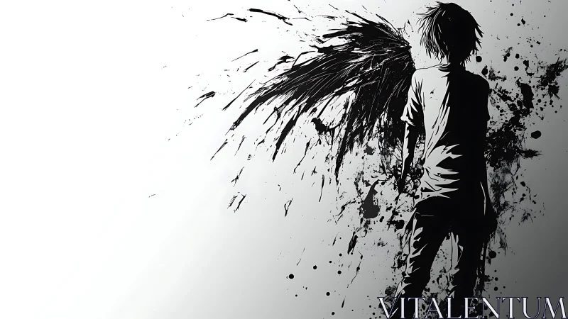 Dark ink angel silhouette with splattered broken wings.