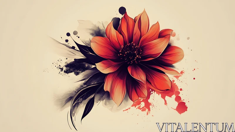 Red flower illustration with abstract ink splatter art