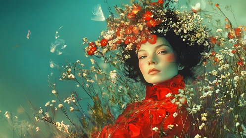 Woman with floral headdress poses amid wildflowers in teal haze