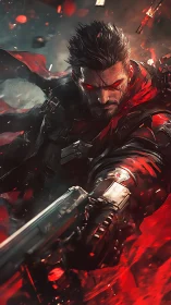 Gun-wielding warrior with red energy and glowing cybernetic eyes