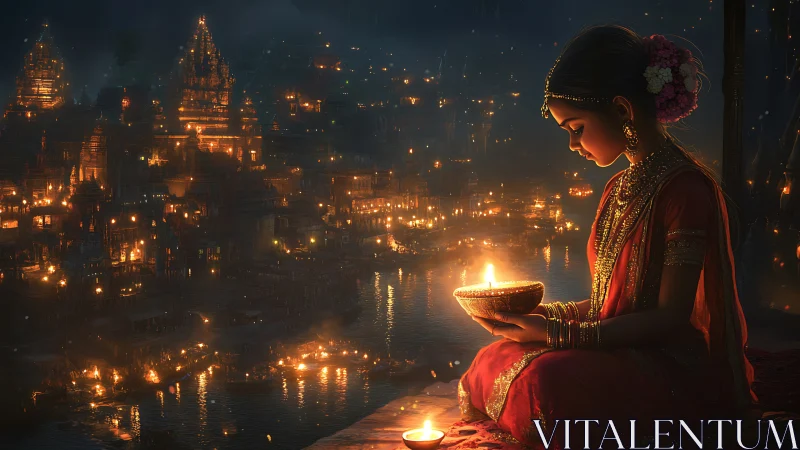 River of lanterns listens as the jeweled child cradles flame