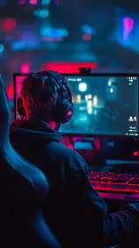 Neon-lit PC gaming workstation with focused headphone user